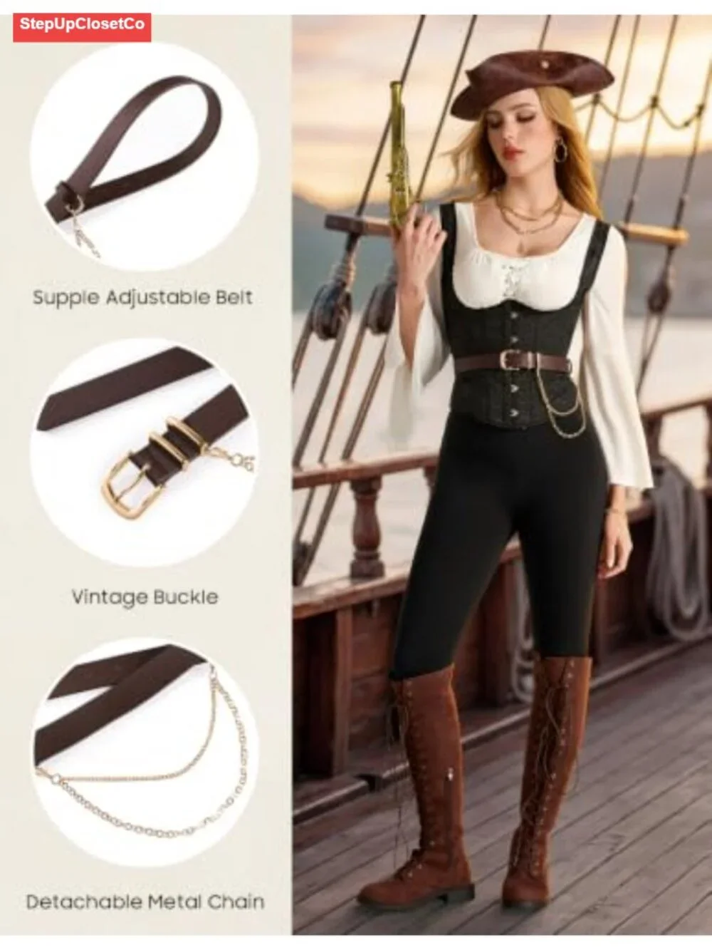 Women's Faux Leather Belt with Detachable Gold Chain, Adjustable Vintage Style